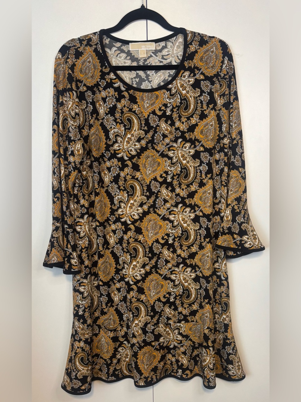 Michael Kors Black Dress with Gold and Cream Paisley Print